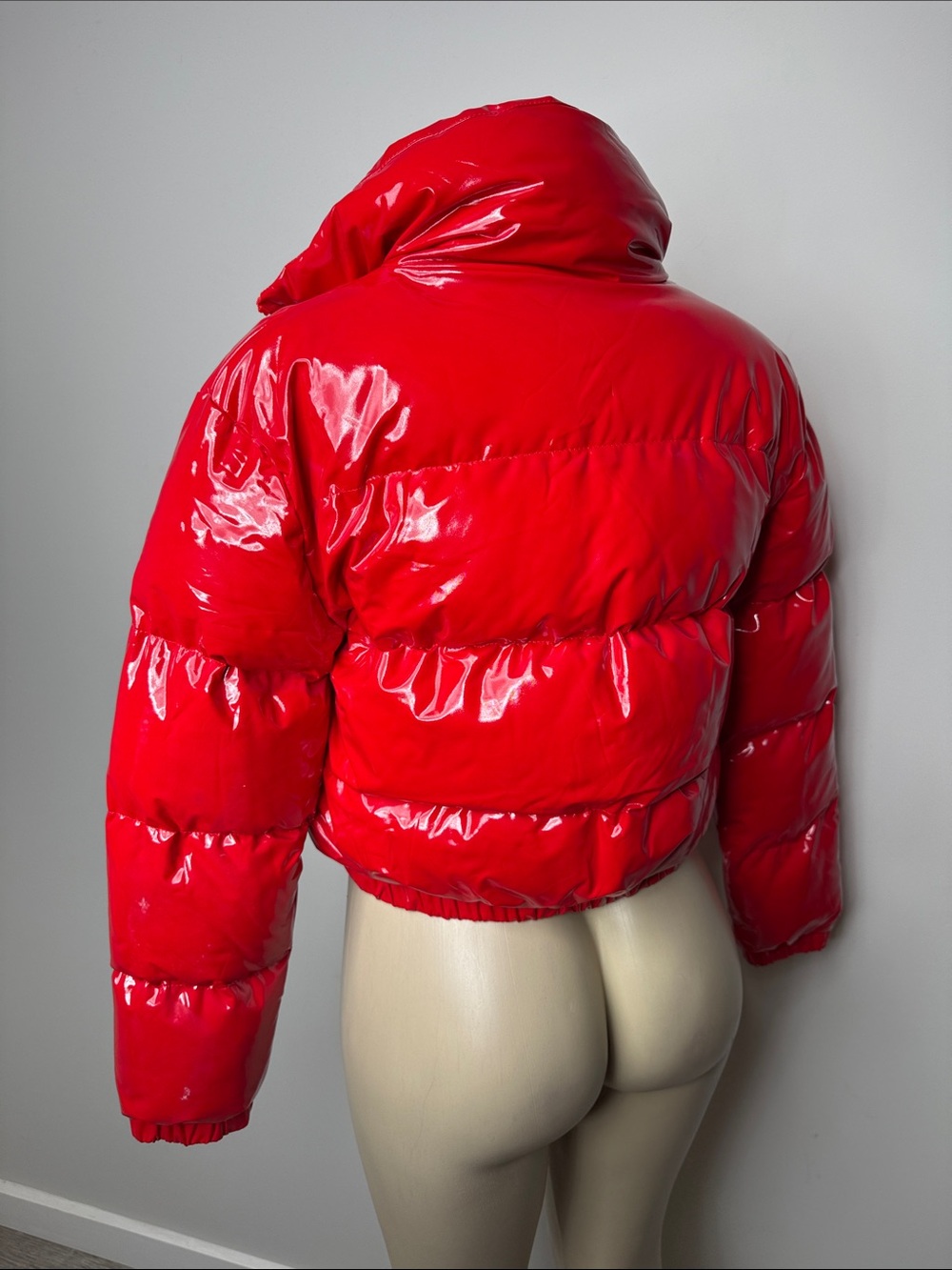 Glossy Red Cropped Puffer Jacket - Women - Picture 4 of 5
